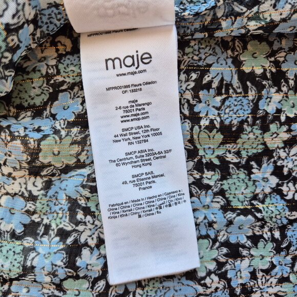 Maje Renaza Floral Sheer Chiffon Tiered Midi Dress Long Sleeve Metallic Blue - Picture 10 of 16